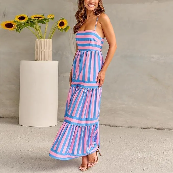 Smocked Maxi Dress for Women,Womens Striped Smocked Dress Sleeveless Cutout Backless Spaghetti Strap Boho Sundresses