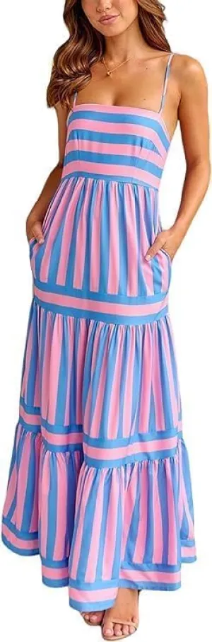 Smocked Maxi Dress for Women,Womens Striped Smocked Dress Sleeveless Cutout Backless Spaghetti Strap Boho Sundresses