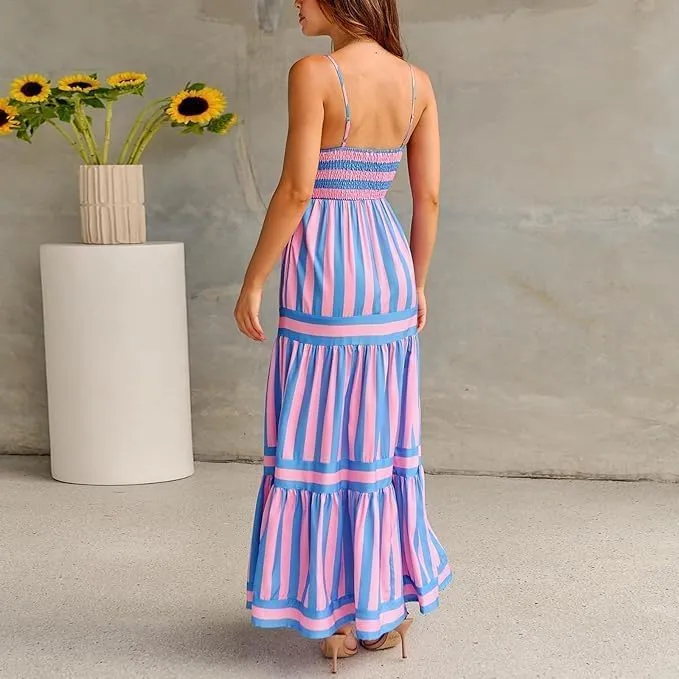 Smocked Maxi Dress for Women,Womens Striped Smocked Dress Sleeveless Cutout Backless Spaghetti Strap Boho Sundresses