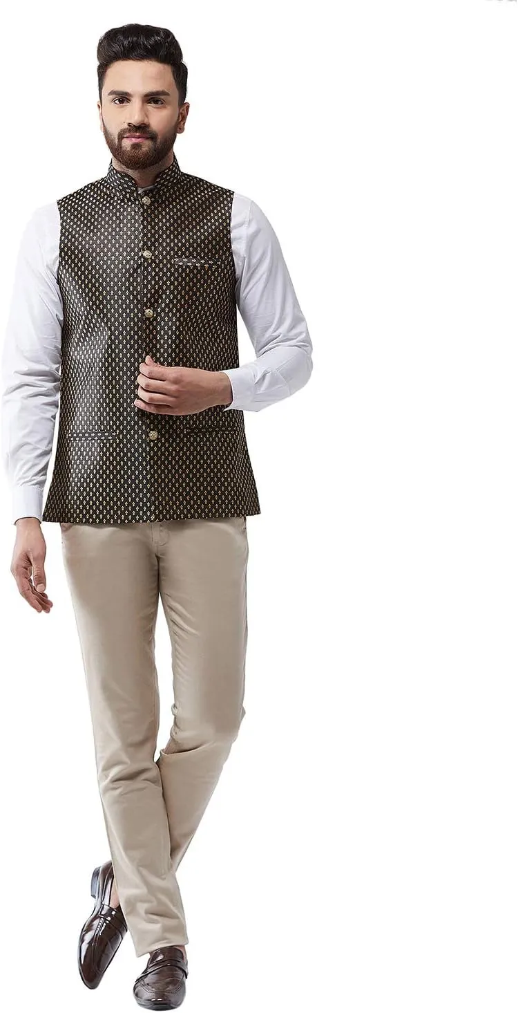 Sojanya (Since 1958, Men's Silk Blend Magenta & Gold Self Design Nehru Jacket