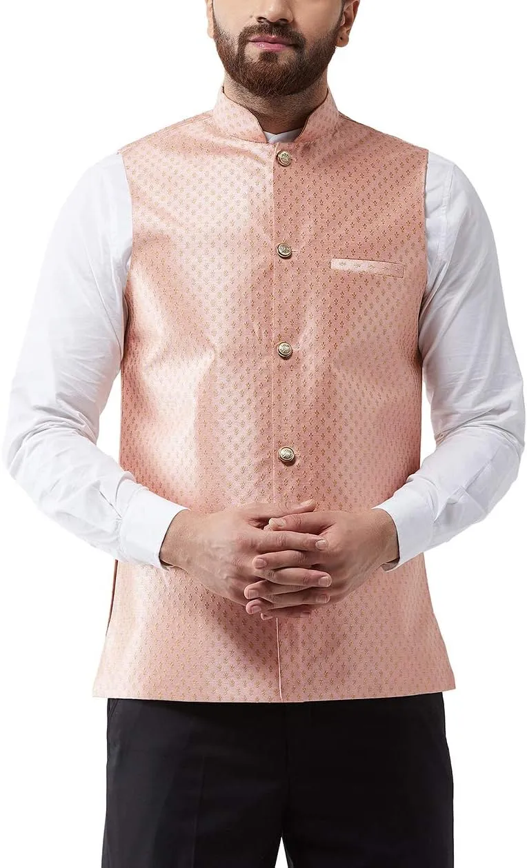 Sojanya (Since 1958, Men's Silk Blend Magenta & Gold Self Design Nehru Jacket