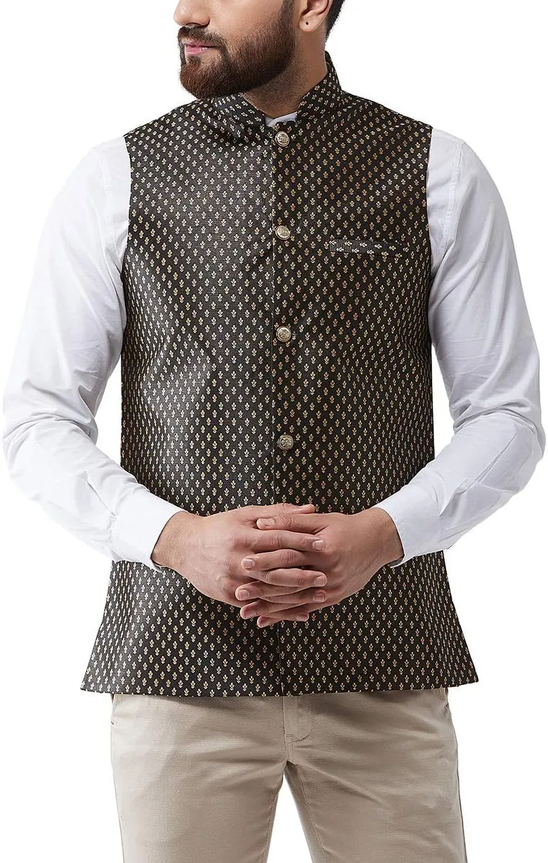 Sojanya (Since 1958, Men's Silk Blend Magenta & Gold Self Design Nehru Jacket