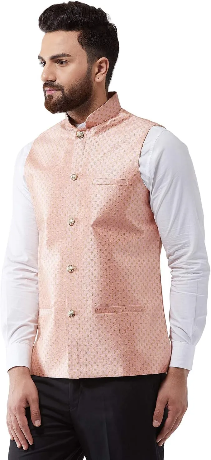 Sojanya (Since 1958, Men's Silk Blend Magenta & Gold Self Design Nehru Jacket
