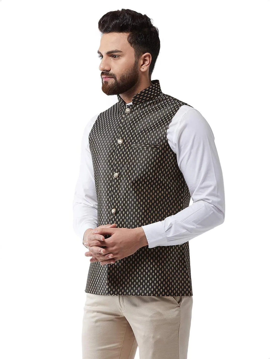 Sojanya (Since 1958, Men's Silk Blend Magenta & Gold Self Design Nehru Jacket