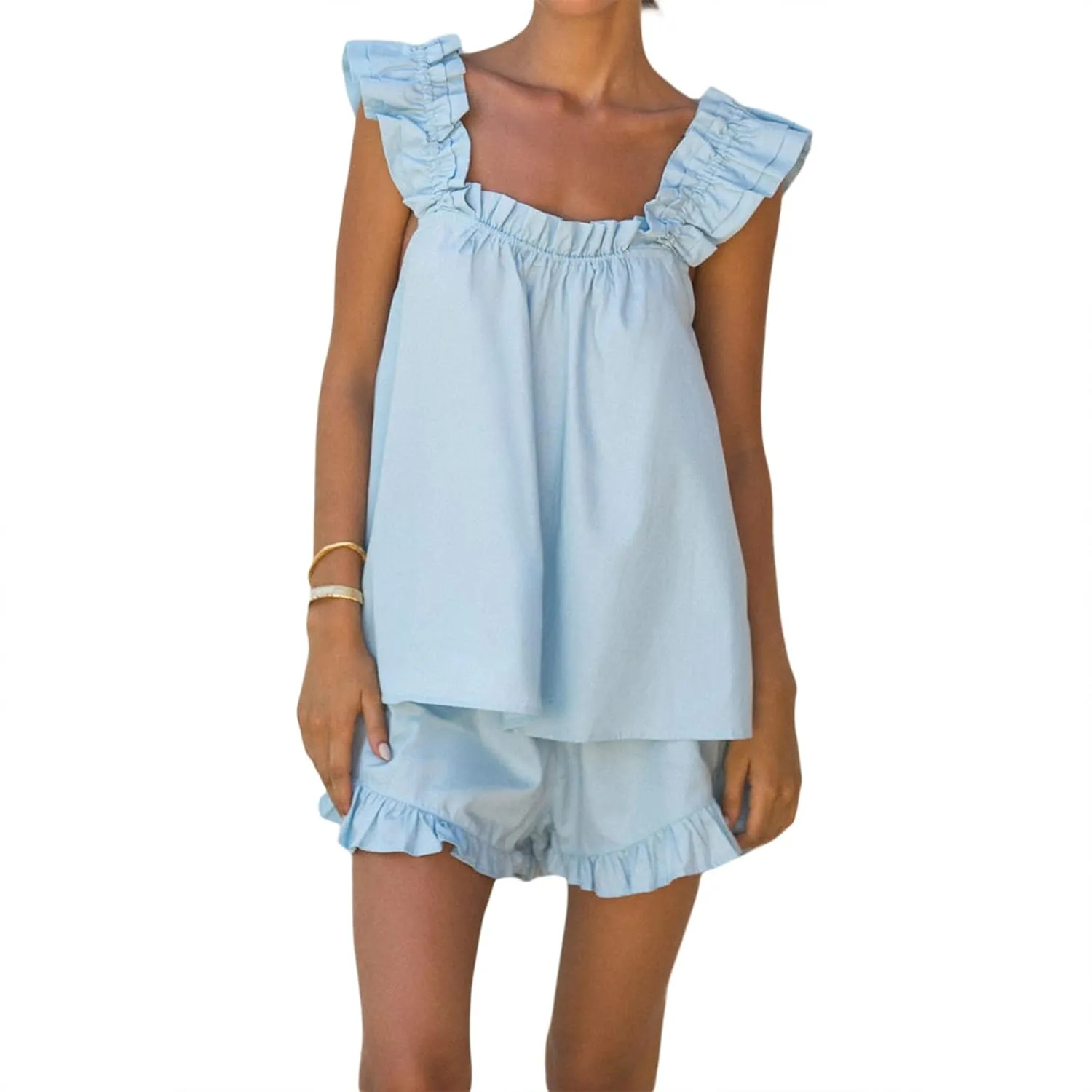SOLILOQUY Women Summer Pajama Set Sleeveless Ruffle Hem Top Shorts with Lace Trim Plaid Loungewear Floral Sleepwear