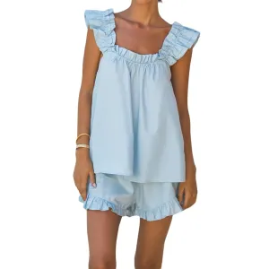 SOLILOQUY Women Summer Pajama Set Sleeveless Ruffle Hem Top Shorts with Lace Trim Plaid Loungewear Floral Sleepwear