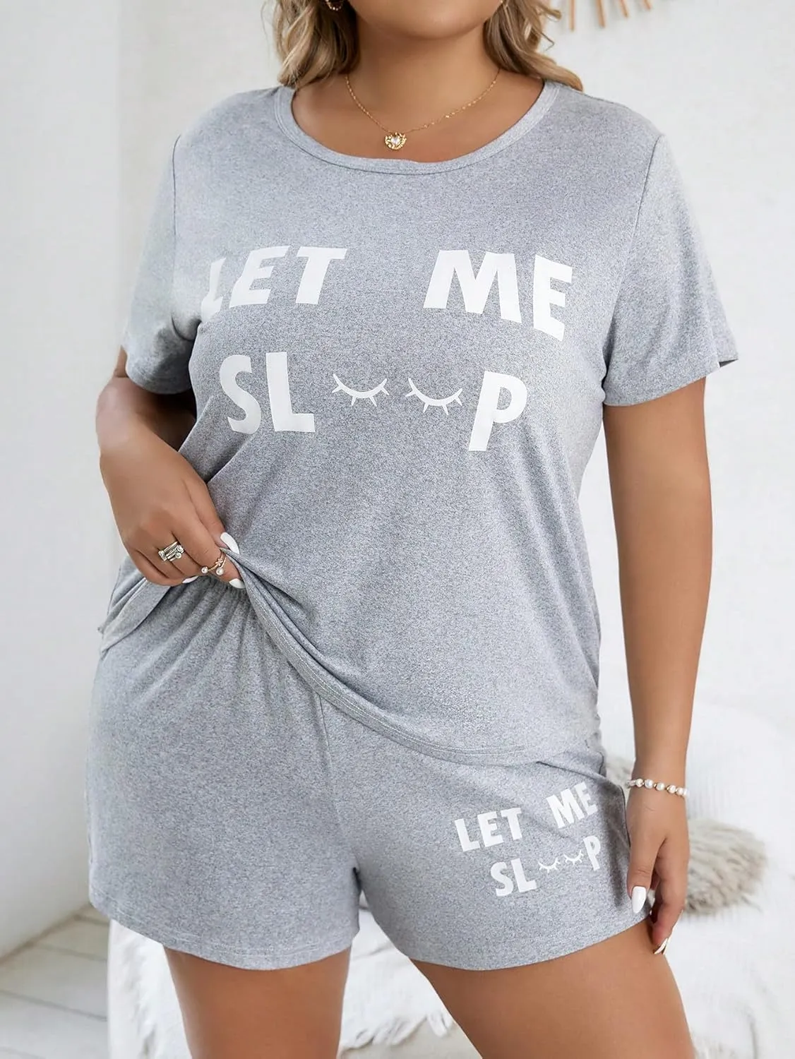 SOLY HUX Women's Plus Size Pajama Set Letter Print Short Sleeve Tee and Shorts Lounge Sleepwear