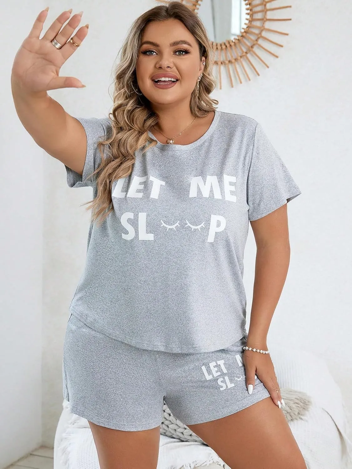 SOLY HUX Women's Plus Size Pajama Set Letter Print Short Sleeve Tee and Shorts Lounge Sleepwear
