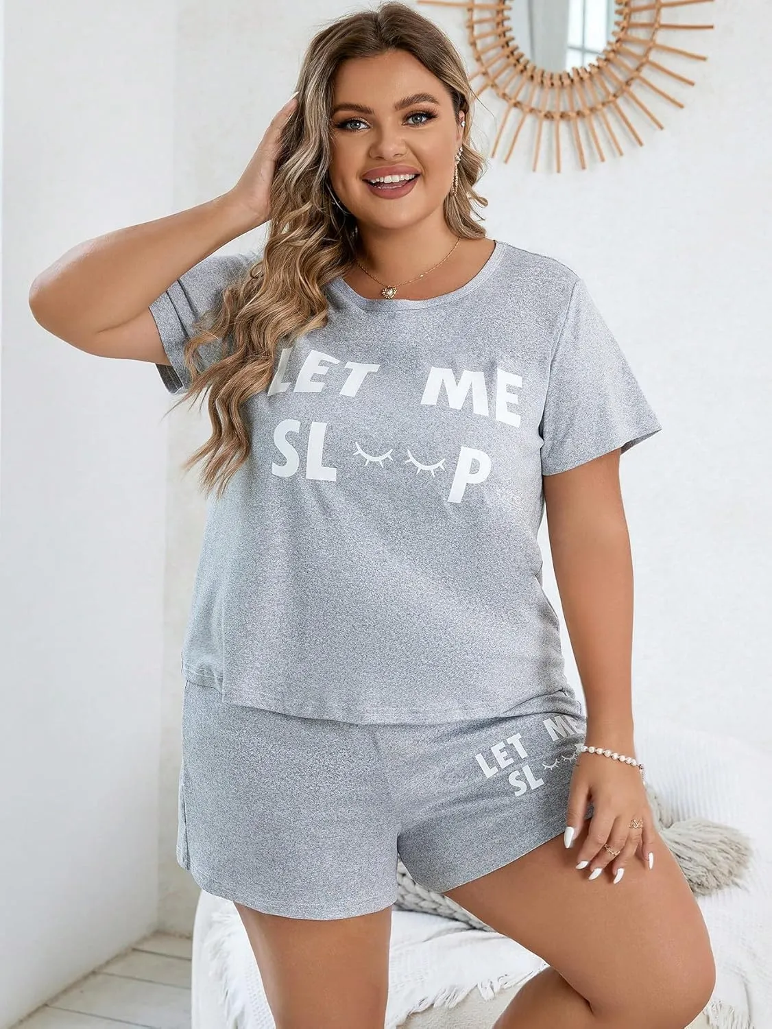 SOLY HUX Women's Plus Size Pajama Set Letter Print Short Sleeve Tee and Shorts Lounge Sleepwear