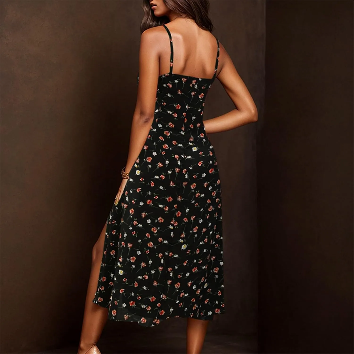 Spaghetti Strap Dresses for Women 2025 Polka Dot Sleeveless Slit Midi Dress Summer Sexy Boho Flowy Beach Vacation Sundress