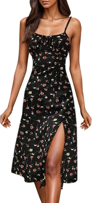 Spaghetti Strap Dresses for Women 2025 Polka Dot Sleeveless Slit Midi Dress Summer Sexy Boho Flowy Beach Vacation Sundress