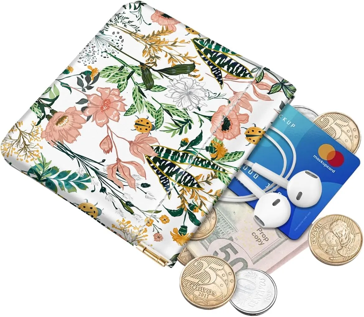 Squeeze Coin Purse Pouch Change Holder Small Makeup Bag for Purse Lipstick Organizer Multi-function Card Holder,White Flowers