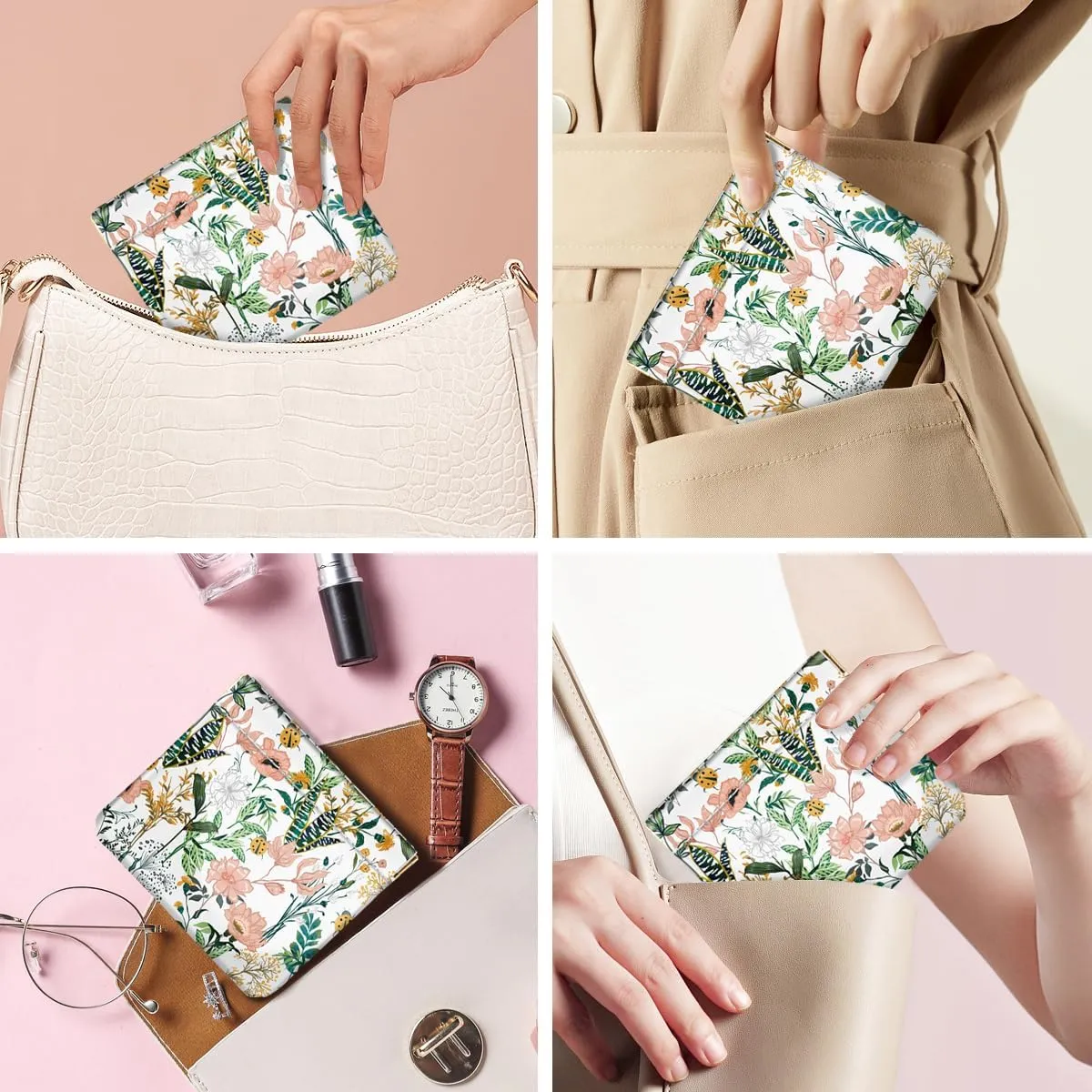 Squeeze Coin Purse Pouch Change Holder Small Makeup Bag for Purse Lipstick Organizer Multi-function Card Holder,White Flowers