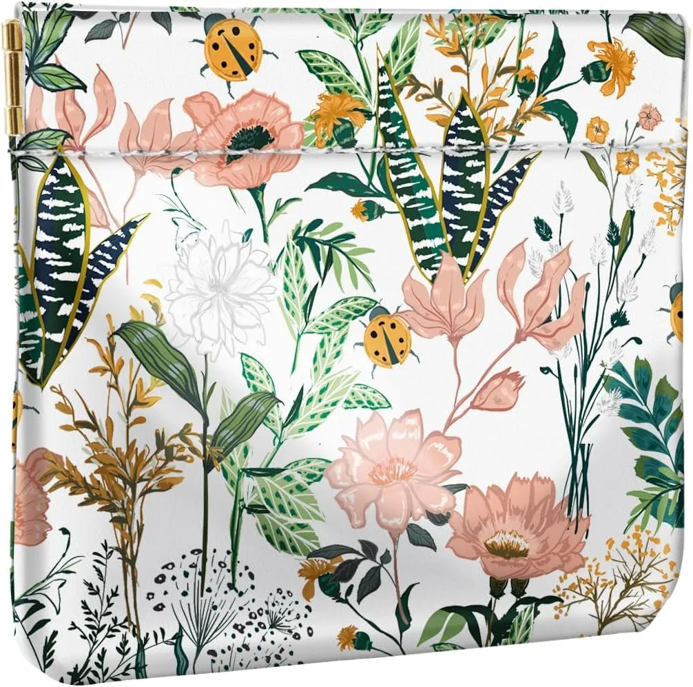 Squeeze Coin Purse Pouch Change Holder Small Makeup Bag for Purse Lipstick Organizer Multi-function Card Holder,White Flowers