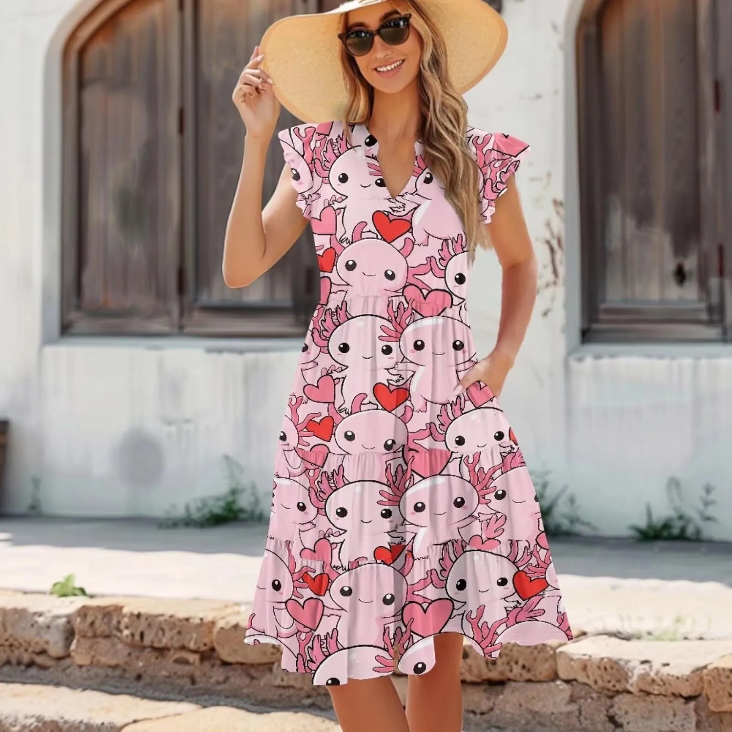 Summer Dresses for Women Casual Midi Tiered Sun Dress V Neck Ruffle Sleeve Vacation Dress with Pocket S-2XL