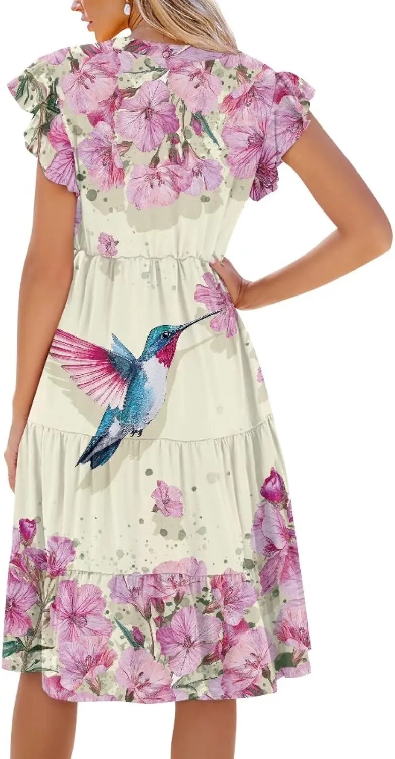 Summer Dresses for Women Casual Midi Tiered Sun Dress V Neck Ruffle Sleeve Vacation Dress with Pocket S-2XL