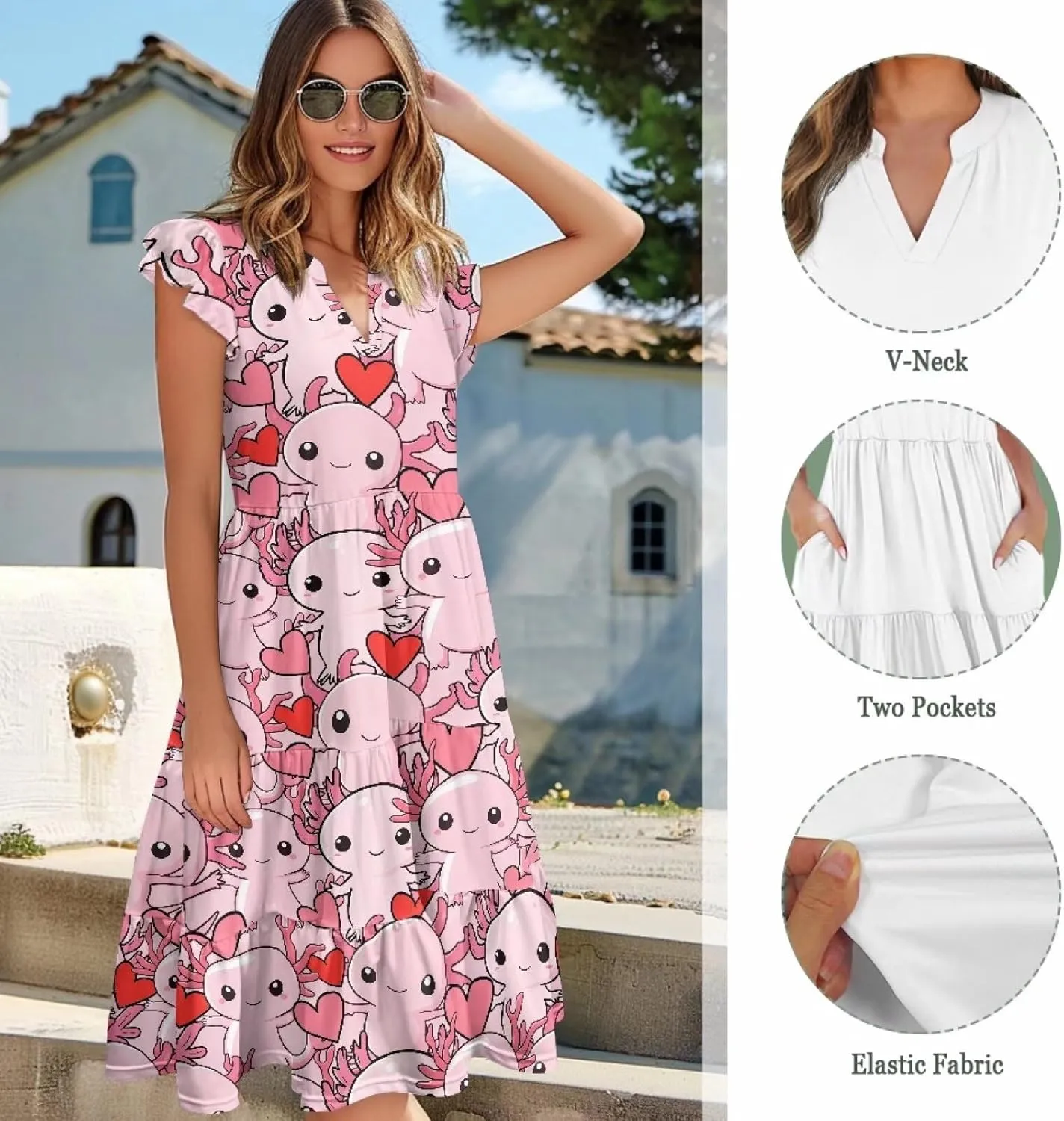 Summer Dresses for Women Casual Midi Tiered Sun Dress V Neck Ruffle Sleeve Vacation Dress with Pocket S-2XL
