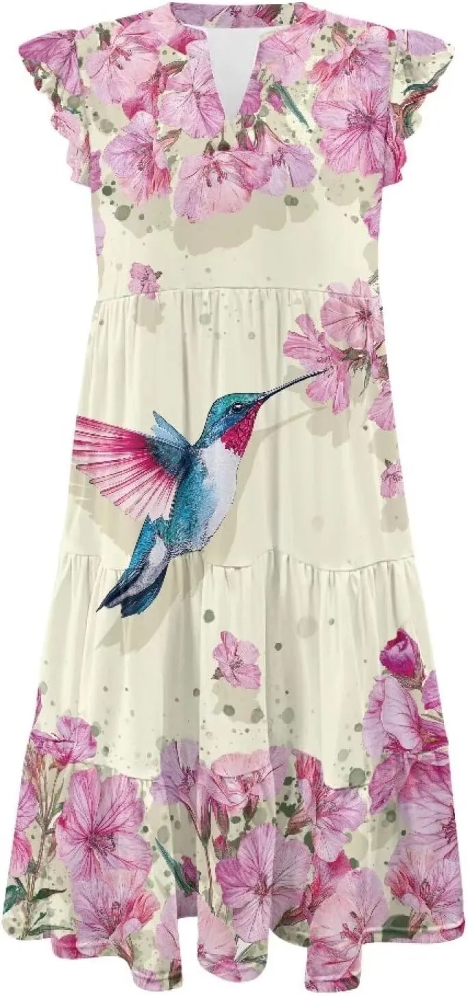 Summer Dresses for Women Casual Midi Tiered Sun Dress V Neck Ruffle Sleeve Vacation Dress with Pocket S-2XL
