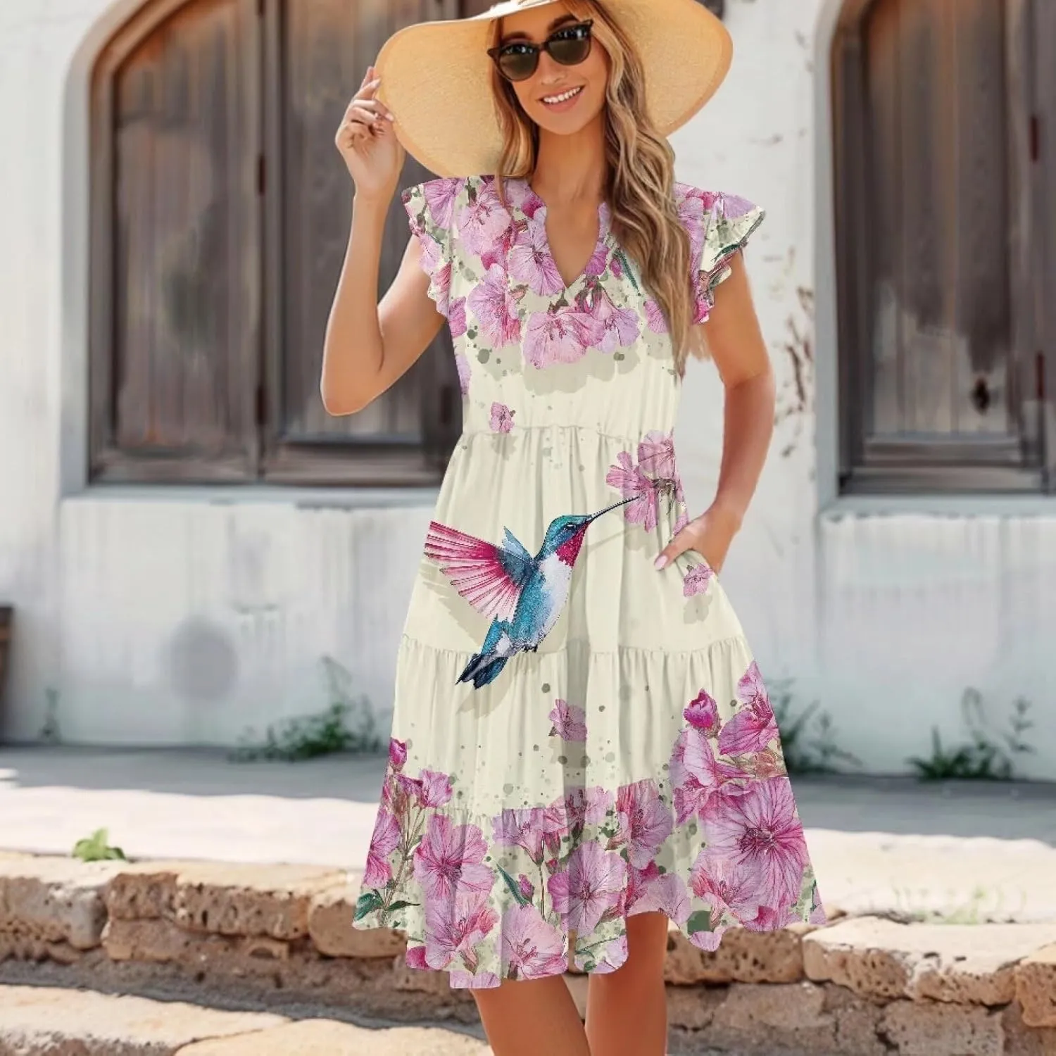 Summer Dresses for Women Casual Midi Tiered Sun Dress V Neck Ruffle Sleeve Vacation Dress with Pocket S-2XL