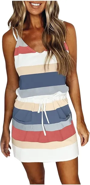 Sundresses for Women 2025 Summer Casual Dresses Striped Beach Party Dress Mini Tshirt Dress with Pocket Boho Dresses