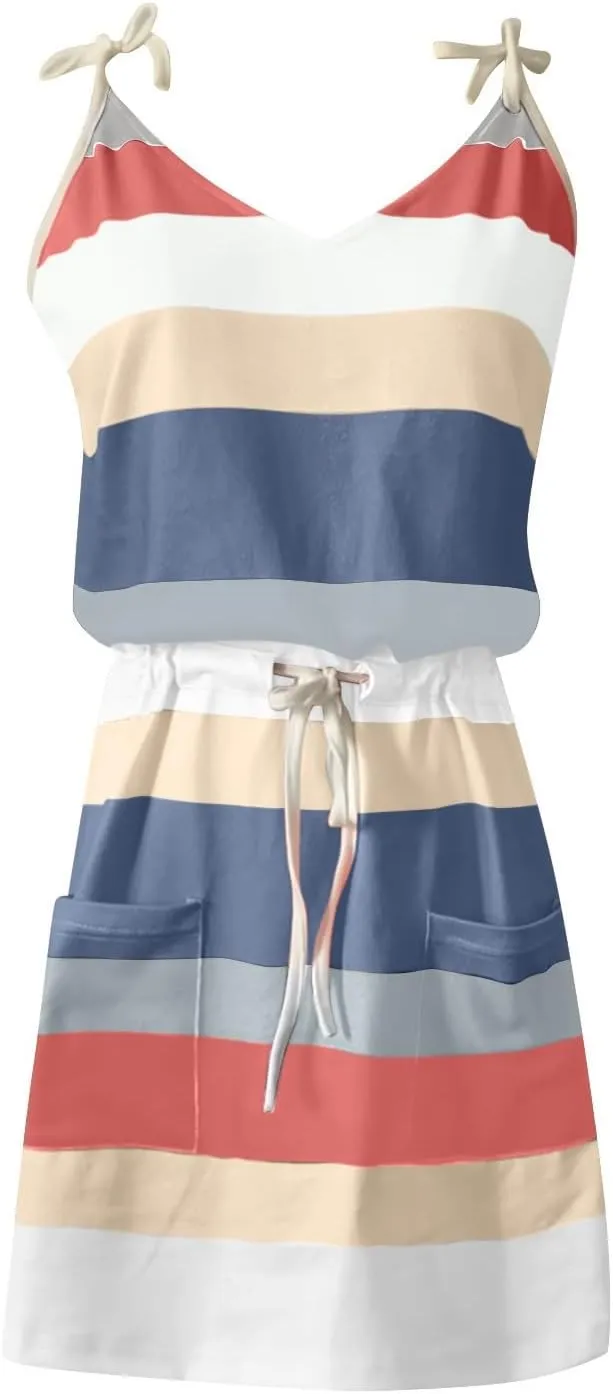 Sundresses for Women 2025 Summer Casual Dresses Striped Beach Party Dress Mini Tshirt Dress with Pocket Boho Dresses