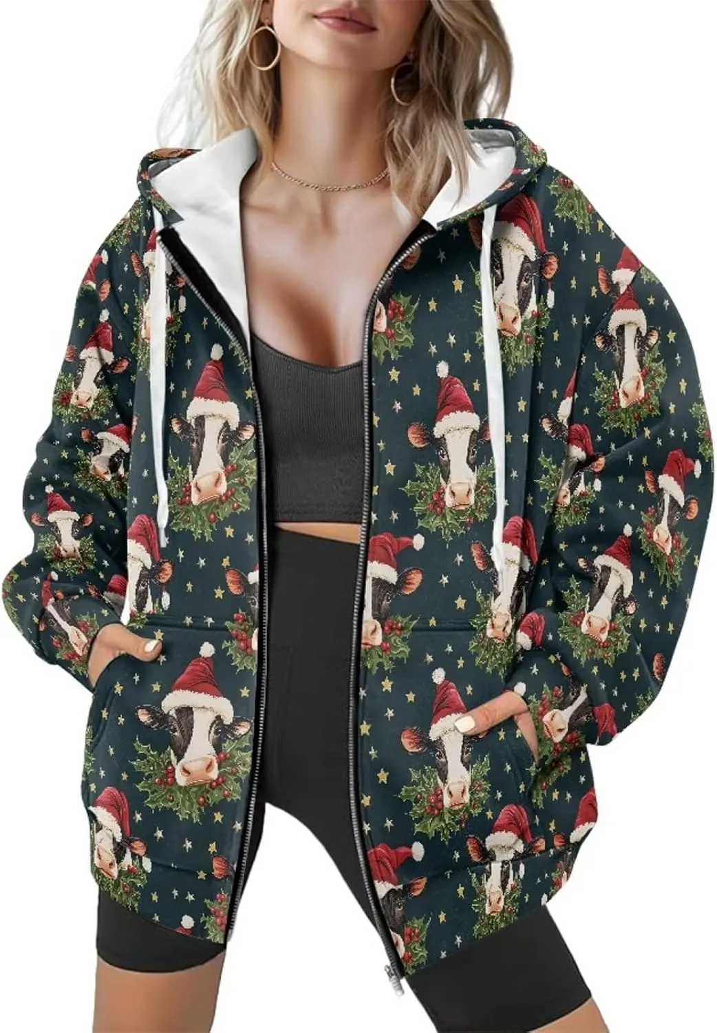 Suobstales Women's Oversized Hoodies Full Zip Up Sweatshirts with Pockets Long Sleeve Fall Outfits Casual Hooded Jackets