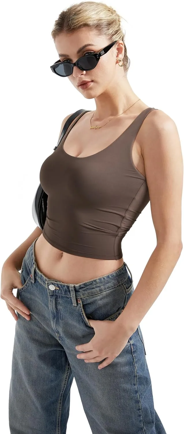 SUUKSESS Women Scoop Neck Tank Top Summer Sleeveless Going Out Double Lined Basic Tops