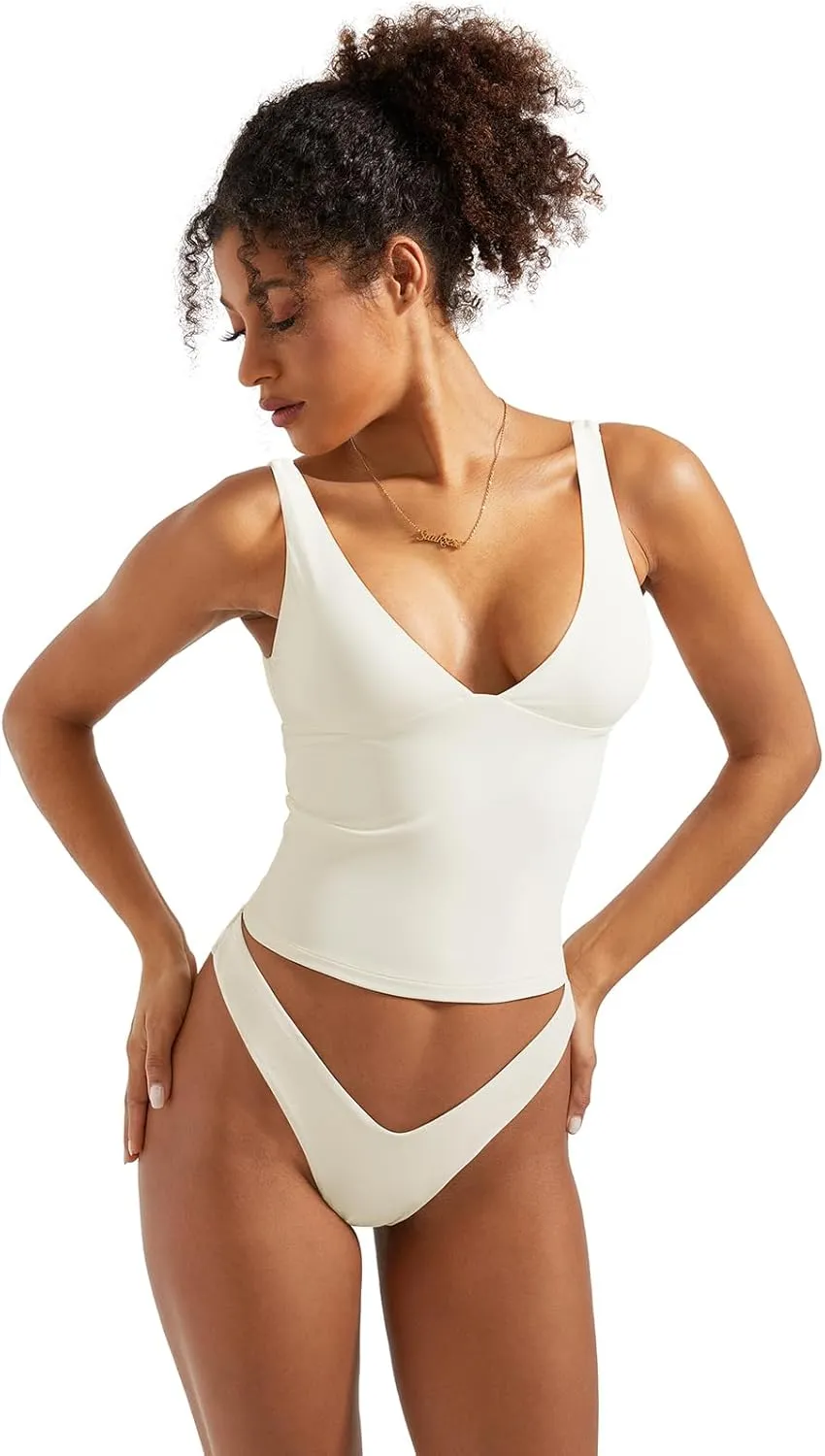 SUUKSESS Women Sexy V Neck V Back Tank Top Summer Sleeveless Going Out Double Lined Basic Tops