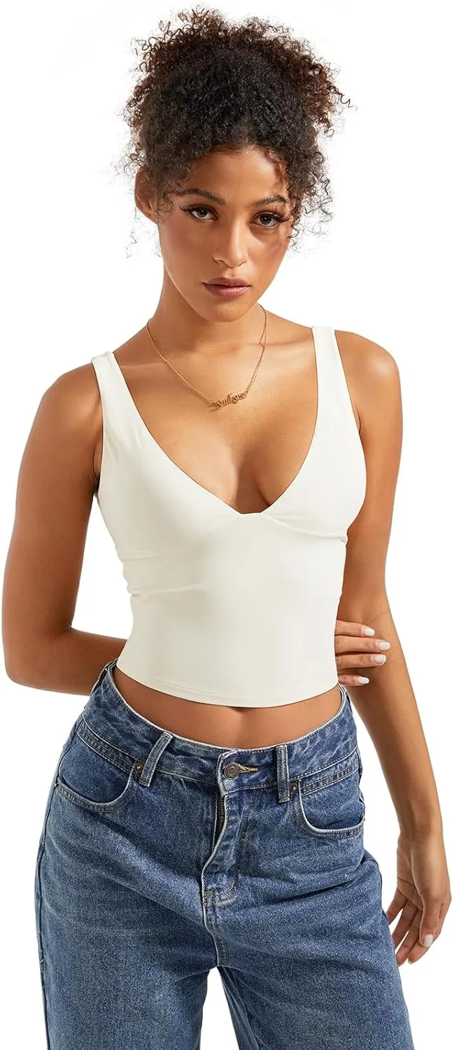 SUUKSESS Women Sexy V Neck V Back Tank Top Summer Sleeveless Going Out Double Lined Basic Tops