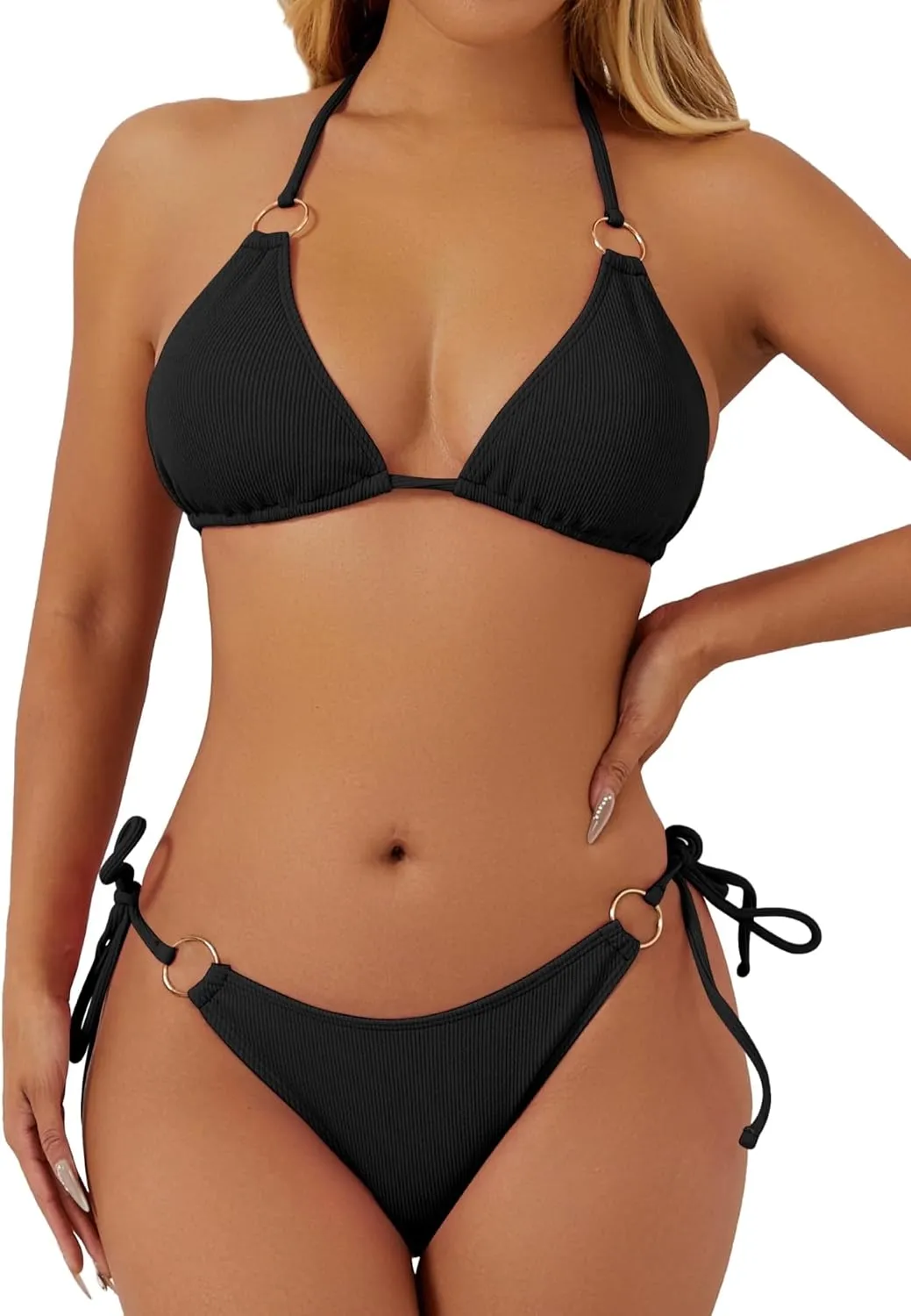 swimall Women's String Bikini Set Sexy Tie Side Two Piece Swimsuit Cute Triangle Halter Bathing Suit