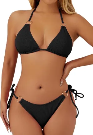 swimall Women's String Bikini Set Sexy Tie Side Two Piece Swimsuit Cute Triangle Halter Bathing Suit