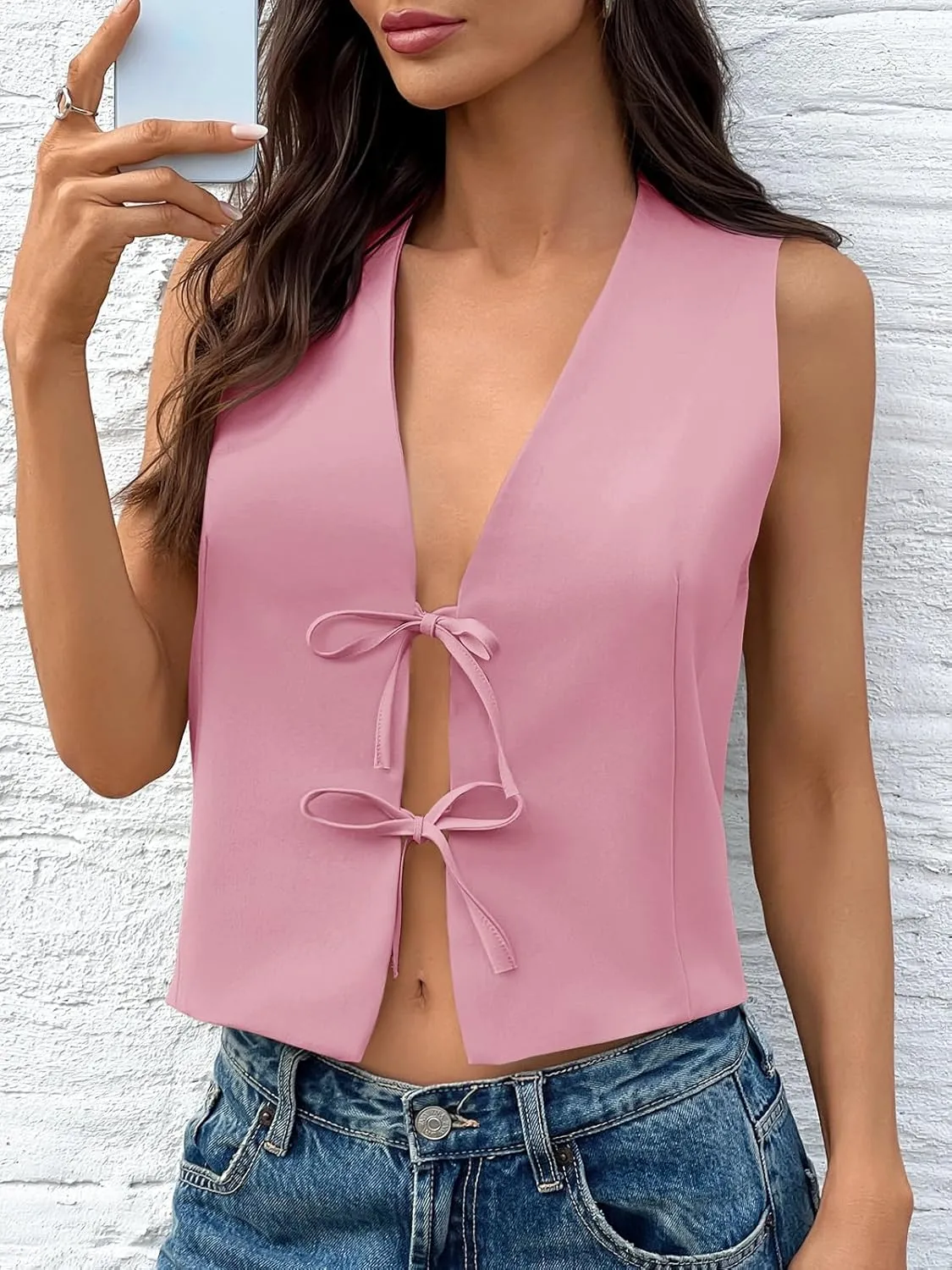 Tankaneo Womens Bow Tie Front Cropped Vest Tops Cute V Neck Sleeveless Shirts Summer Casual Y2k Going Out Tank Tops