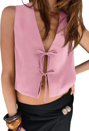 Tankaneo Womens Bow Tie Front Cropped Vest Tops Cute V Neck Sleeveless Shirts Summer Casual Y2k Going Out Tank Tops