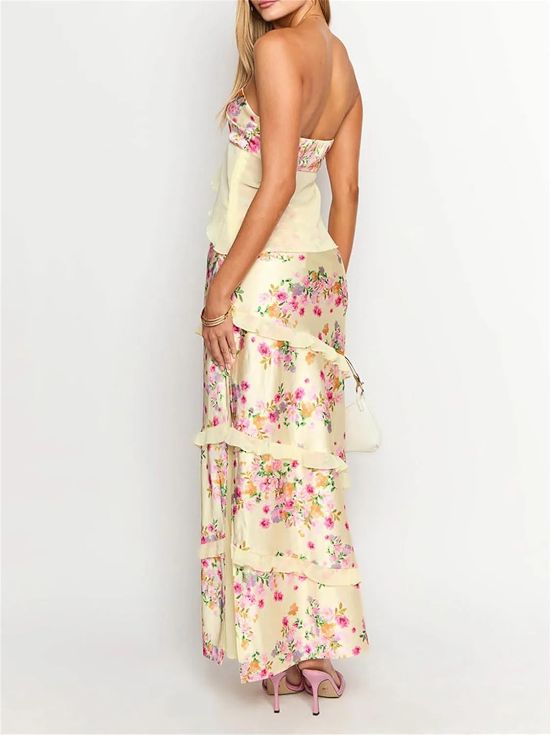 Thopavenoir Women's Y2k 2 Piece Outfits Off Shoulder Split Front Tube Tops and Ruffled Bodycon Maxi Skirt Sets Party Clubwear