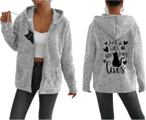 TIAFORD Women's Cat Graphic Zip Up Hoodies Oversized Hooded Sweatshirts Fleece Lined Jackets Cute Outfits with Pockets