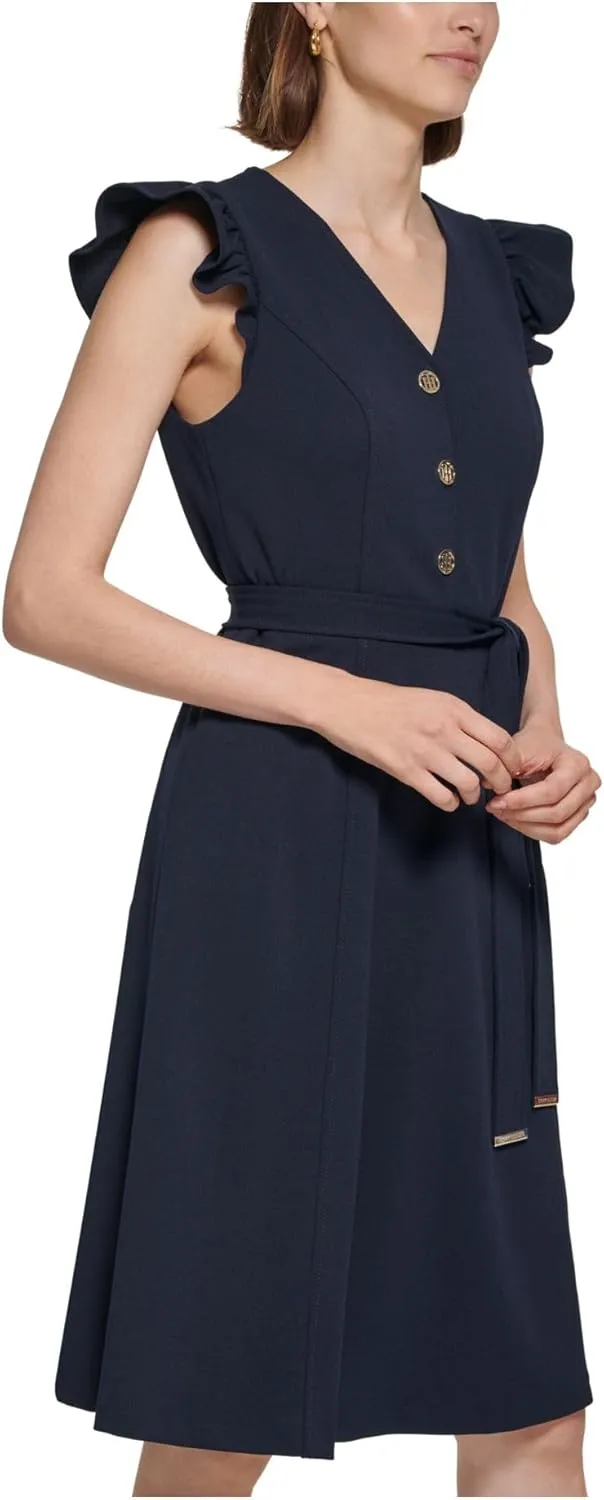 Tommy Hilfiger Women's Petite Short Flutter Sleeves Shirt Self Tie Belt Dress