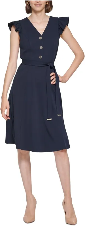 Tommy Hilfiger Women's Petite Short Flutter Sleeves Shirt Self Tie Belt Dress