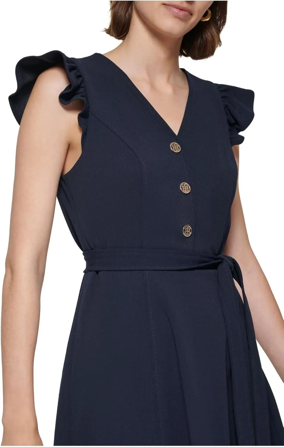 Tommy Hilfiger Women's Petite Short Flutter Sleeves Shirt Self Tie Belt Dress