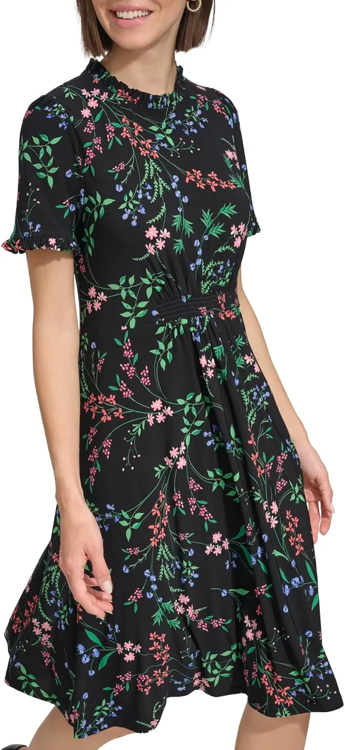 Tommy Hilfiger Women's Short Sleeve High Neck Fit & Flare Mini Dress