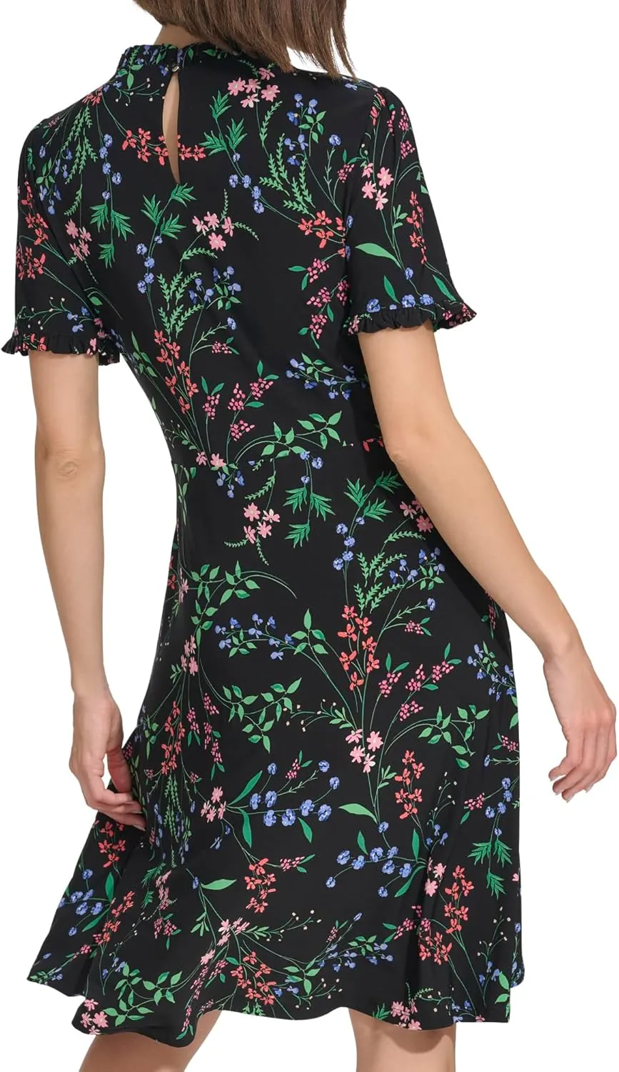 Tommy Hilfiger Women's Short Sleeve High Neck Fit & Flare Mini Dress