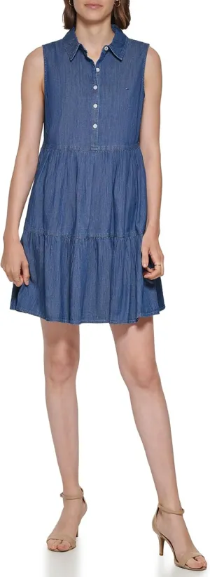 Tommy Hilfiger Women's Sleeveless V-Neck Button Front Tiered Mini Dress