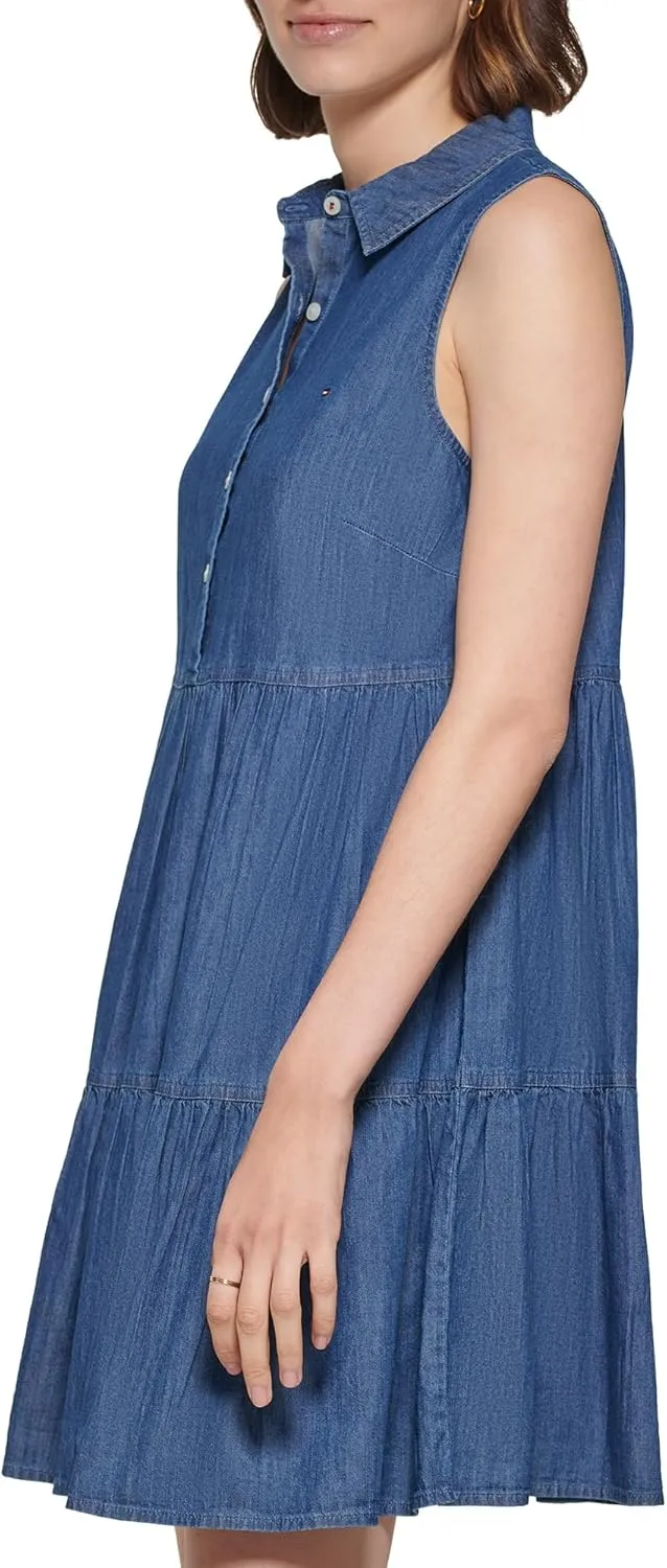 Tommy Hilfiger Women's Sleeveless V-Neck Button Front Tiered Mini Dress