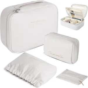 Travel Makeup Bags Set, 4 Pcs PU Leather Cosmetic Organizer Bag with Jewelry bag, Large Make Up Cosmetic Bag with Divider and Handle, Portable Travel waterproof Vanity Bag for Women Girl (Off-white)