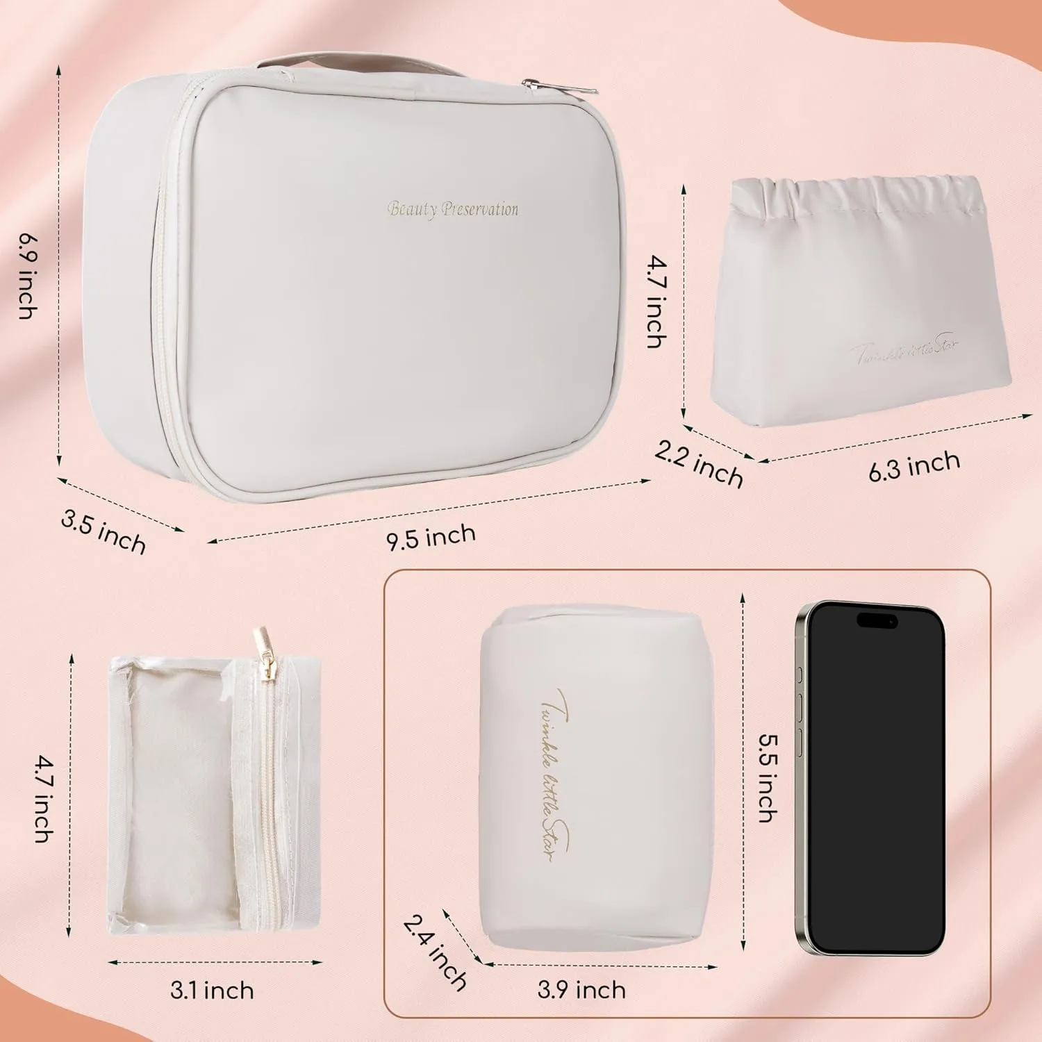Travel Makeup Bags Set, 4 Pcs PU Leather Cosmetic Organizer Bag with Jewelry bag, Large Make Up Cosmetic Bag with Divider and Handle, Portable Travel waterproof Vanity Bag for Women Girl (Off-white)
