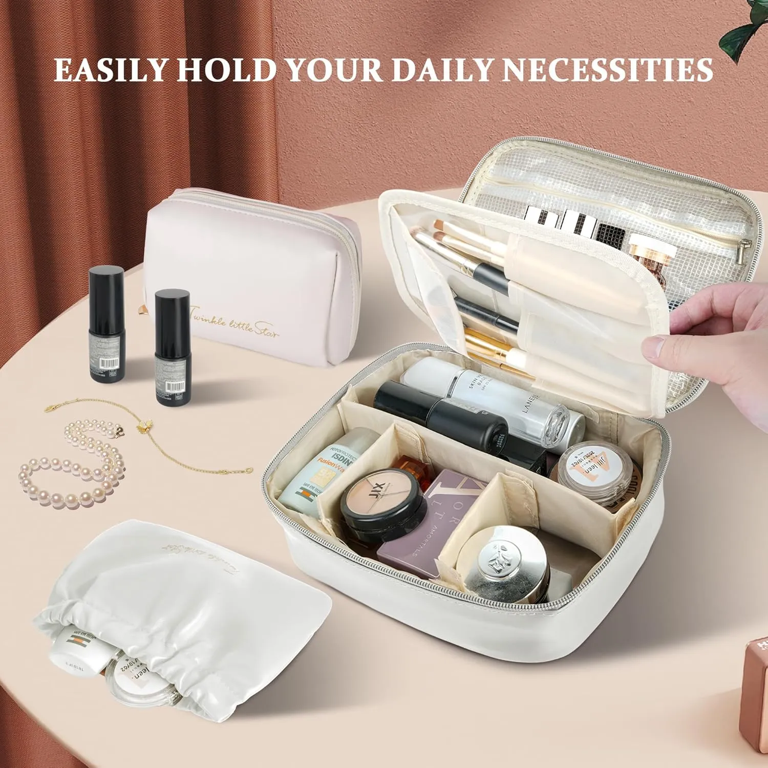 Travel Makeup Bags Set, 4 Pcs PU Leather Cosmetic Organizer Bag with Jewelry bag, Large Make Up Cosmetic Bag with Divider and Handle, Portable Travel waterproof Vanity Bag for Women Girl (Off-white)