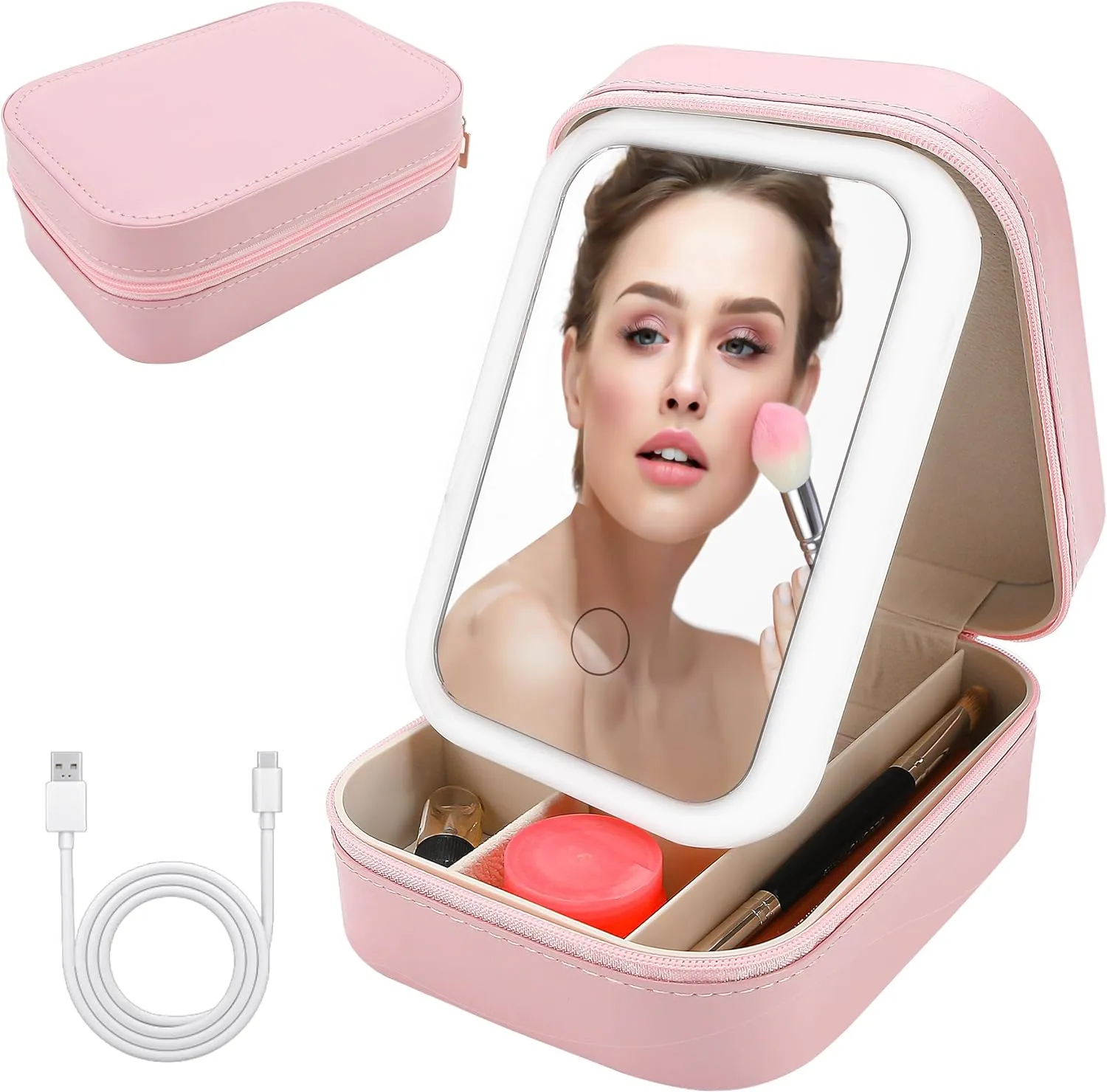 Travel Makeup Box with LED Mirror, Portable LED Makeup Bag with Adjustable Light-Up Mirror, 3 Color Light Settings, Dust-Proof Cosmetic Case, Multi-Compartment Storage Box Jewelry Organizer for Women