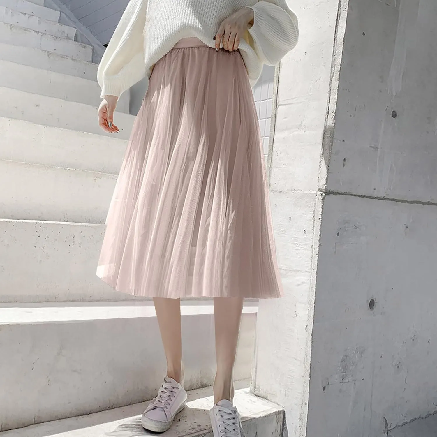 Tulle Skirts for Women Pleated Layered Tutu Skirt Ladies Elegant Flowy Long Skirts Bridesmaid Wedding Midi Skirt