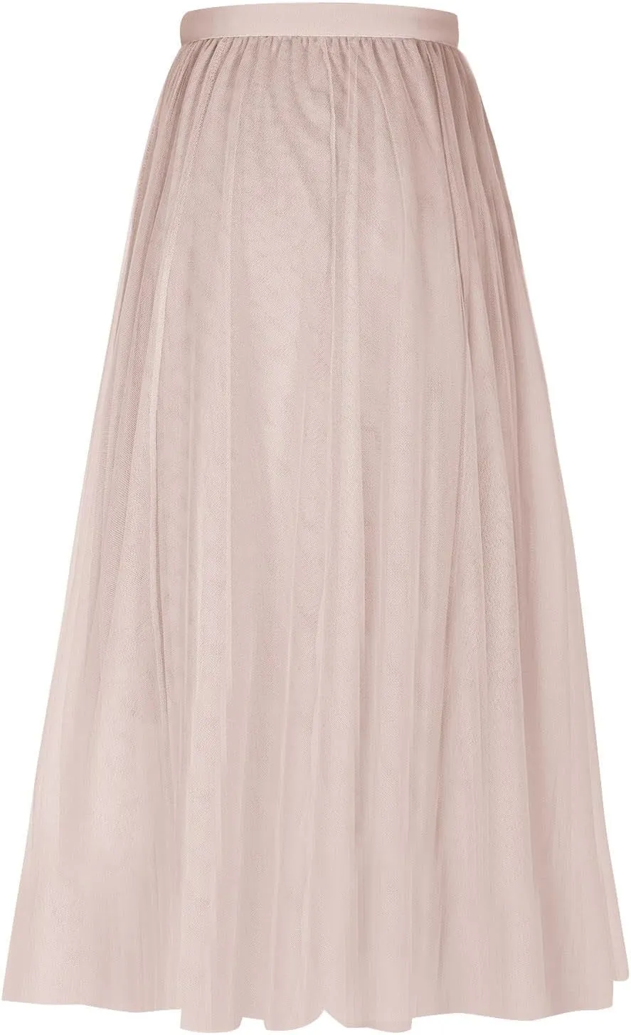 Tulle Skirts for Women Pleated Layered Tutu Skirt Ladies Elegant Flowy Long Skirts Bridesmaid Wedding Midi Skirt