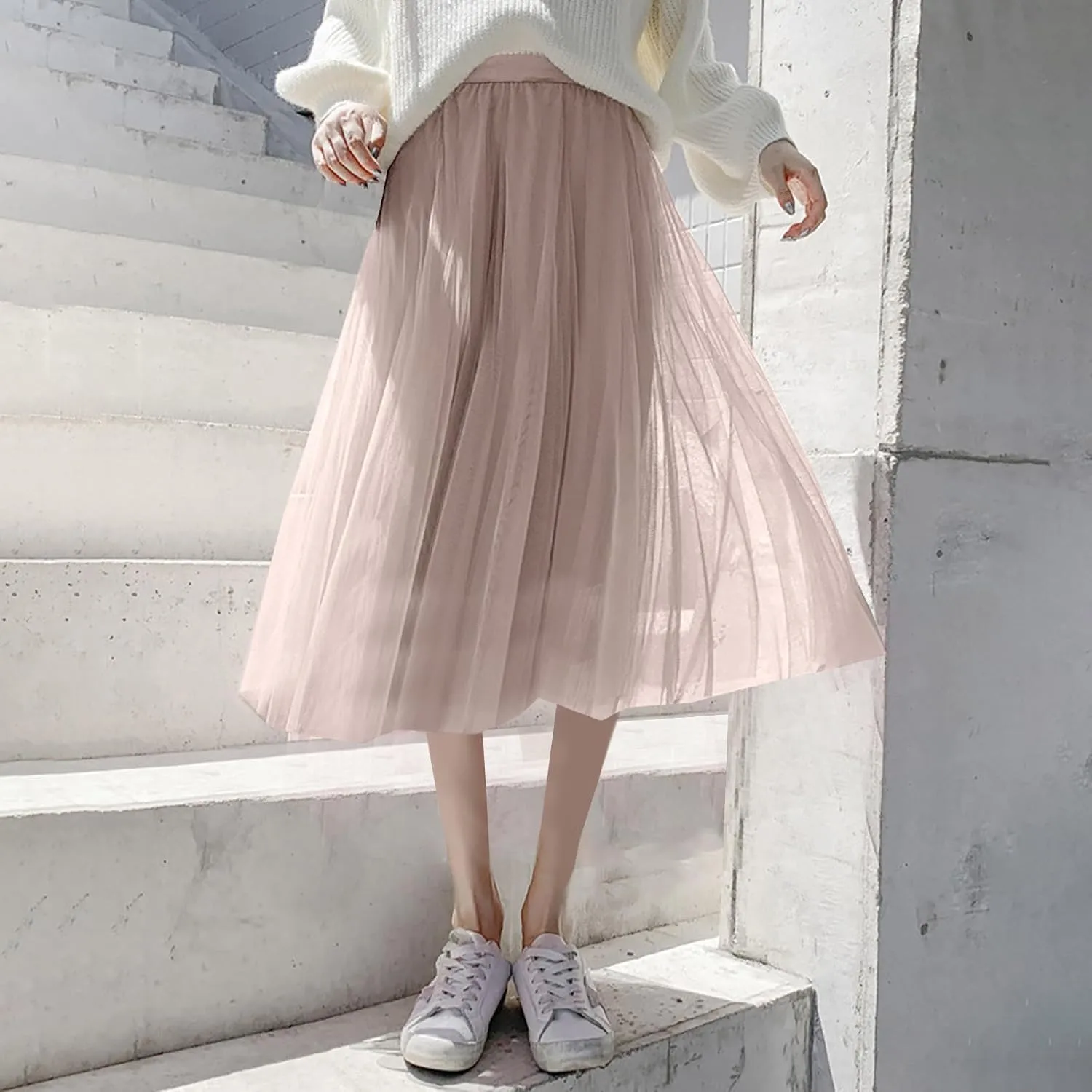 Tulle Skirts for Women Pleated Layered Tutu Skirt Ladies Elegant Flowy Long Skirts Bridesmaid Wedding Midi Skirt