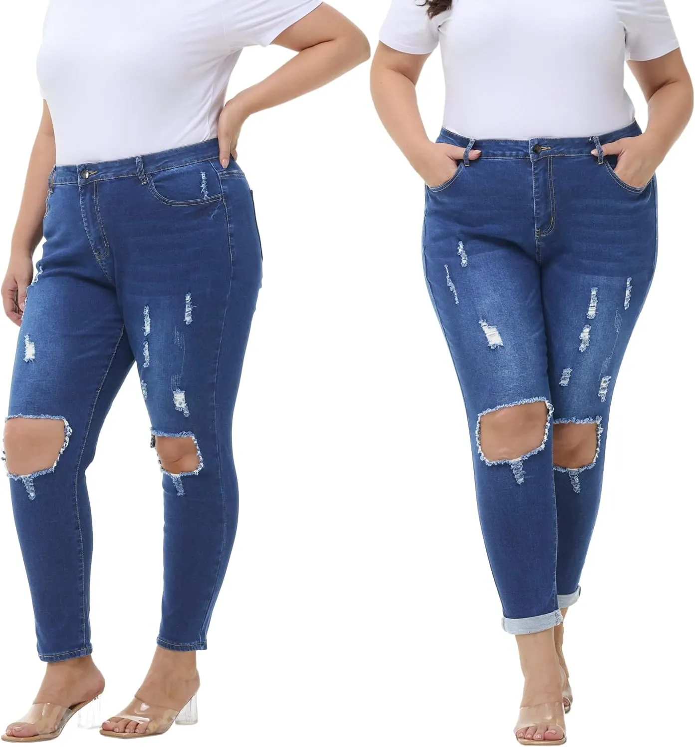 Tulucky Women's Plus Size Boyfriend Jeans Distressed Ripped Denim Pants Comfy Stretch Skinny Jeans